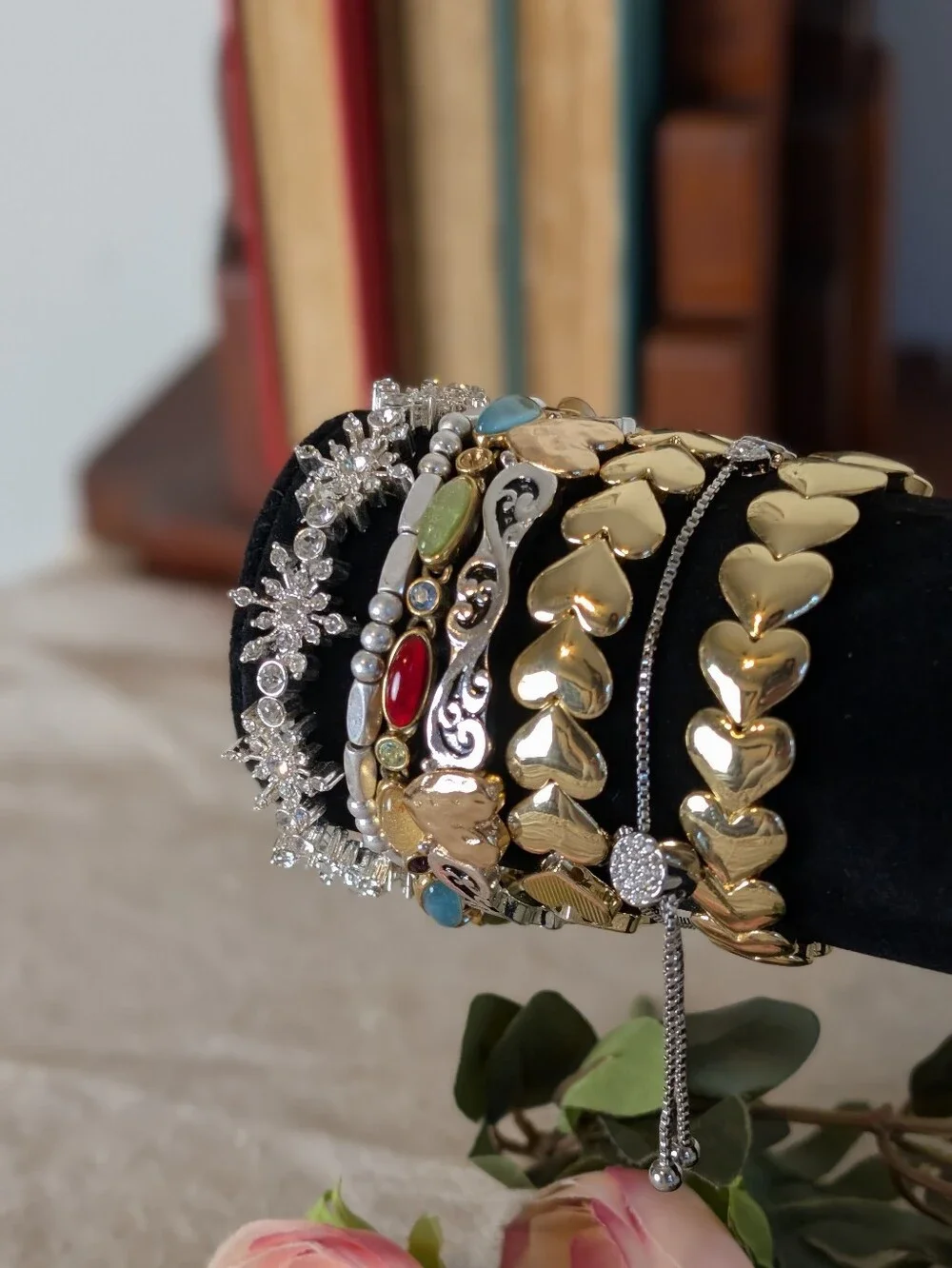 Eclectic Bracelet Stack Lot Gold Silver Rhinestone Gemstone Coquette Glam